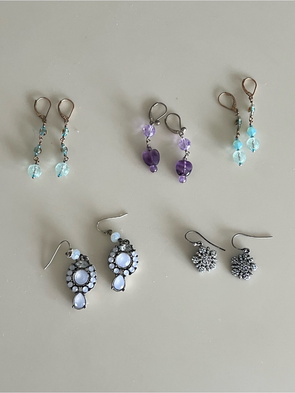 Handcrafted 5 sets of Dangle Earrings blue and purple